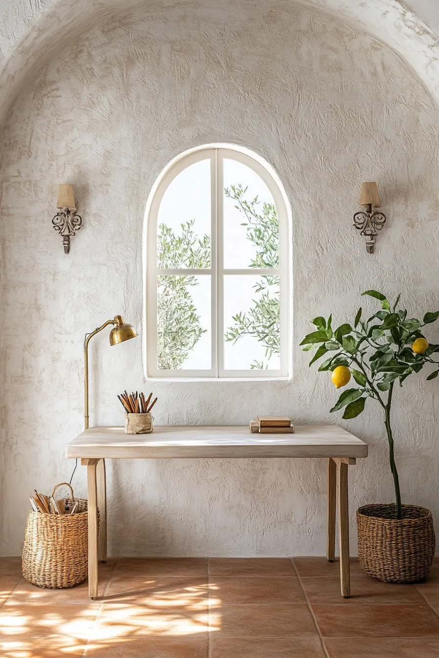 professional home office with mediterranean plaster walls potted lemon tree and seagrass accessories