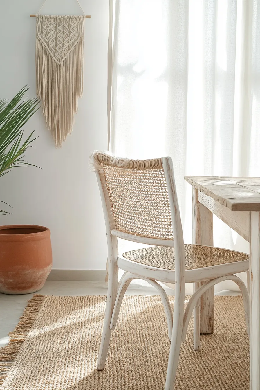 rattan dining chair with natural fiber backrest and whitewashed frame beside rustic wooden table white walls sheer curtains filtering sunlight