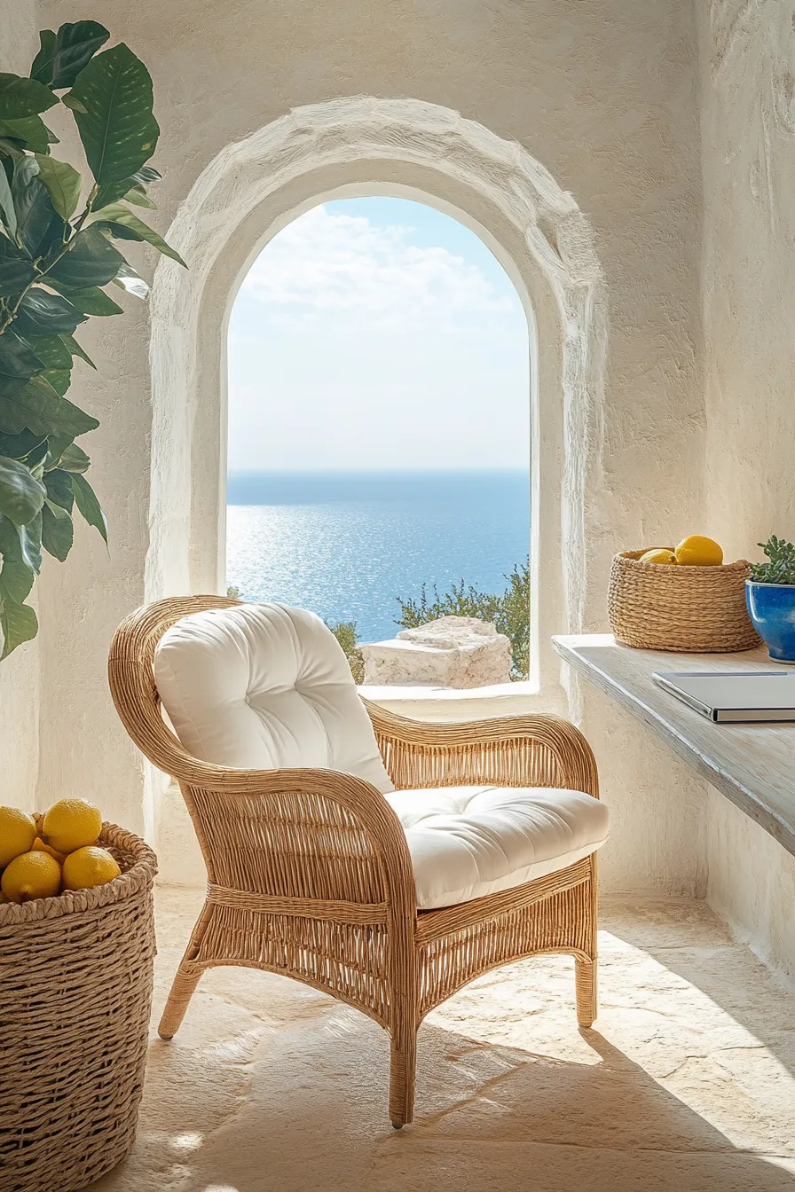 rattan office chair with white cushions near arched window overlooking mediterranean sea featuring whitewashed walls and wooden desk