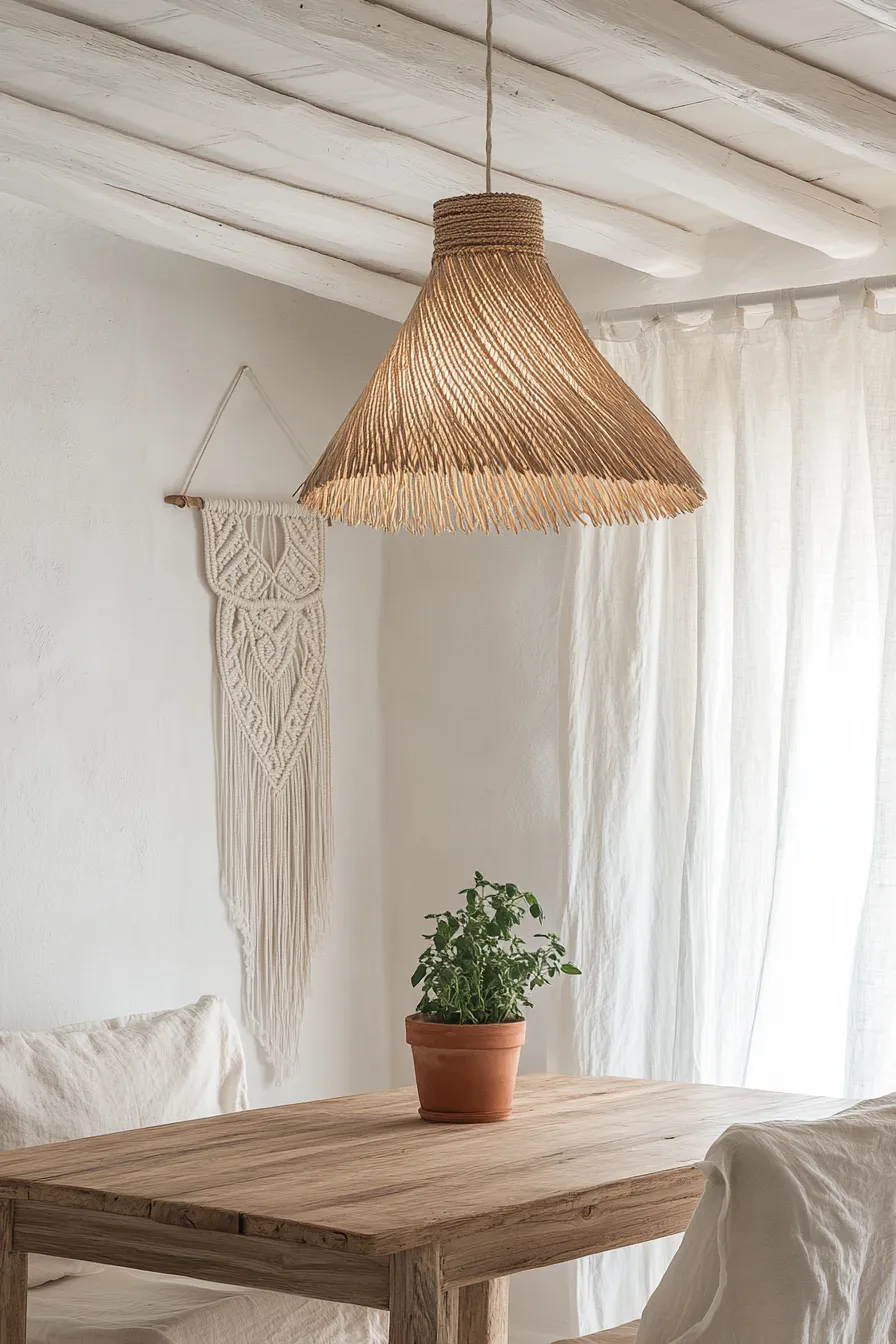 rattan pendant light hanging from whitewashed beams over rustic wooden table with linen chairs and flowing white curtains