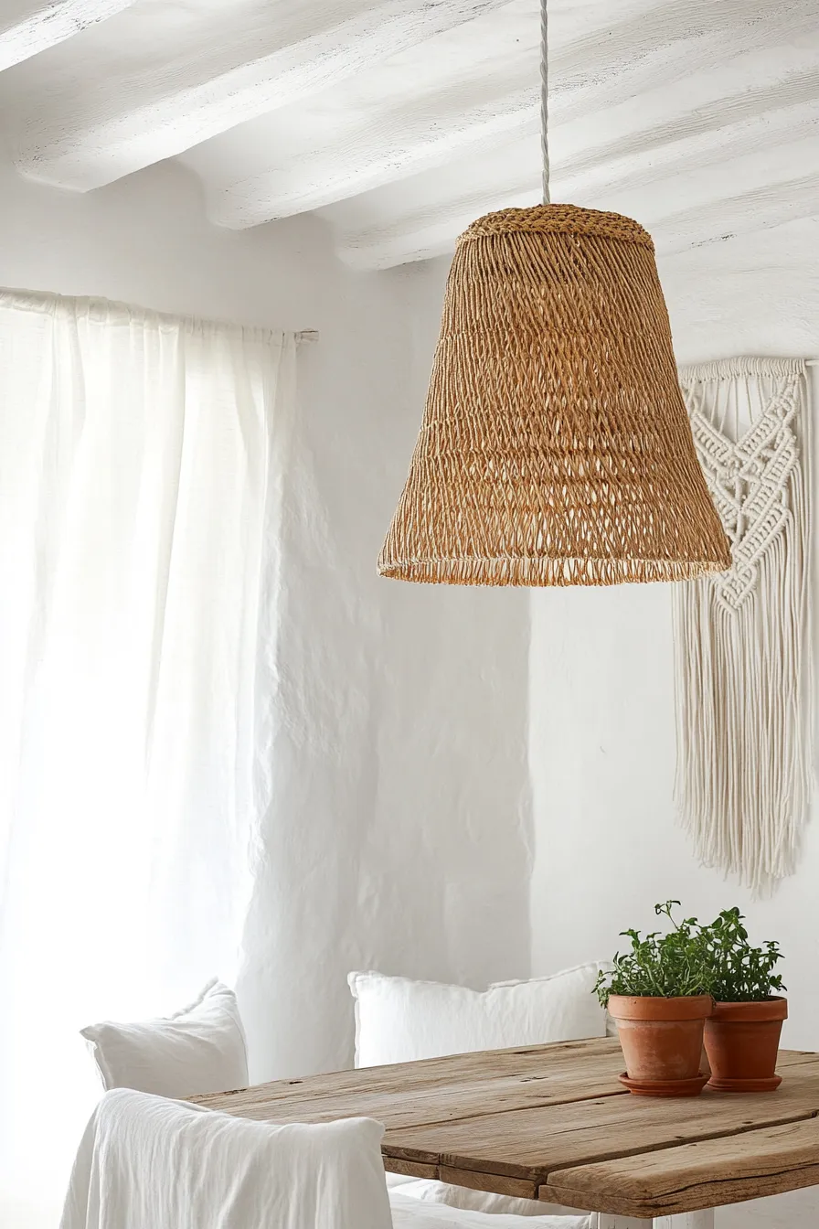 rattan pendant light illuminating spanish dining room with wooden beams and flowing white curtains