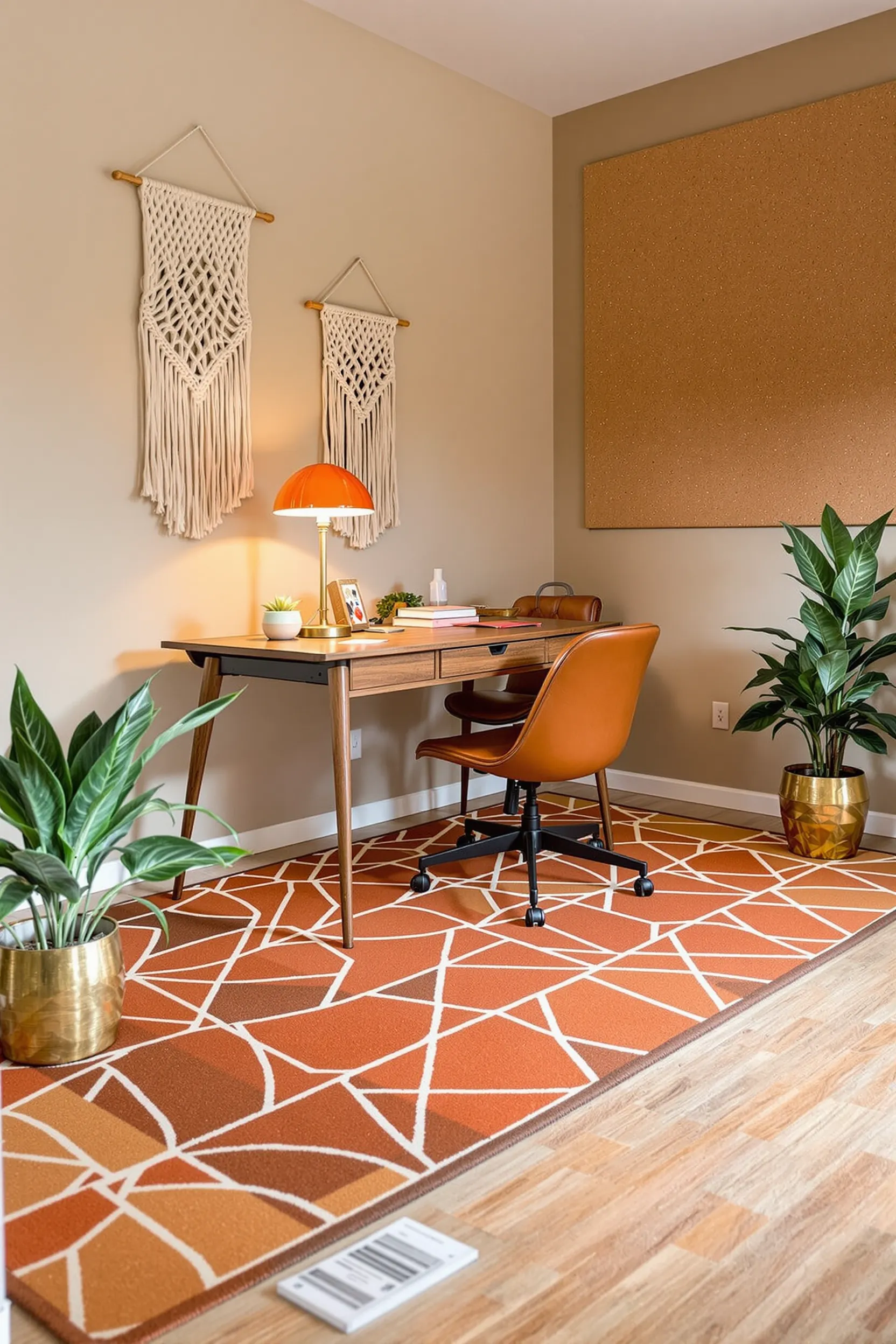 retro home office featuring geometric area rug walnut furniture cork accent wall and brass planter