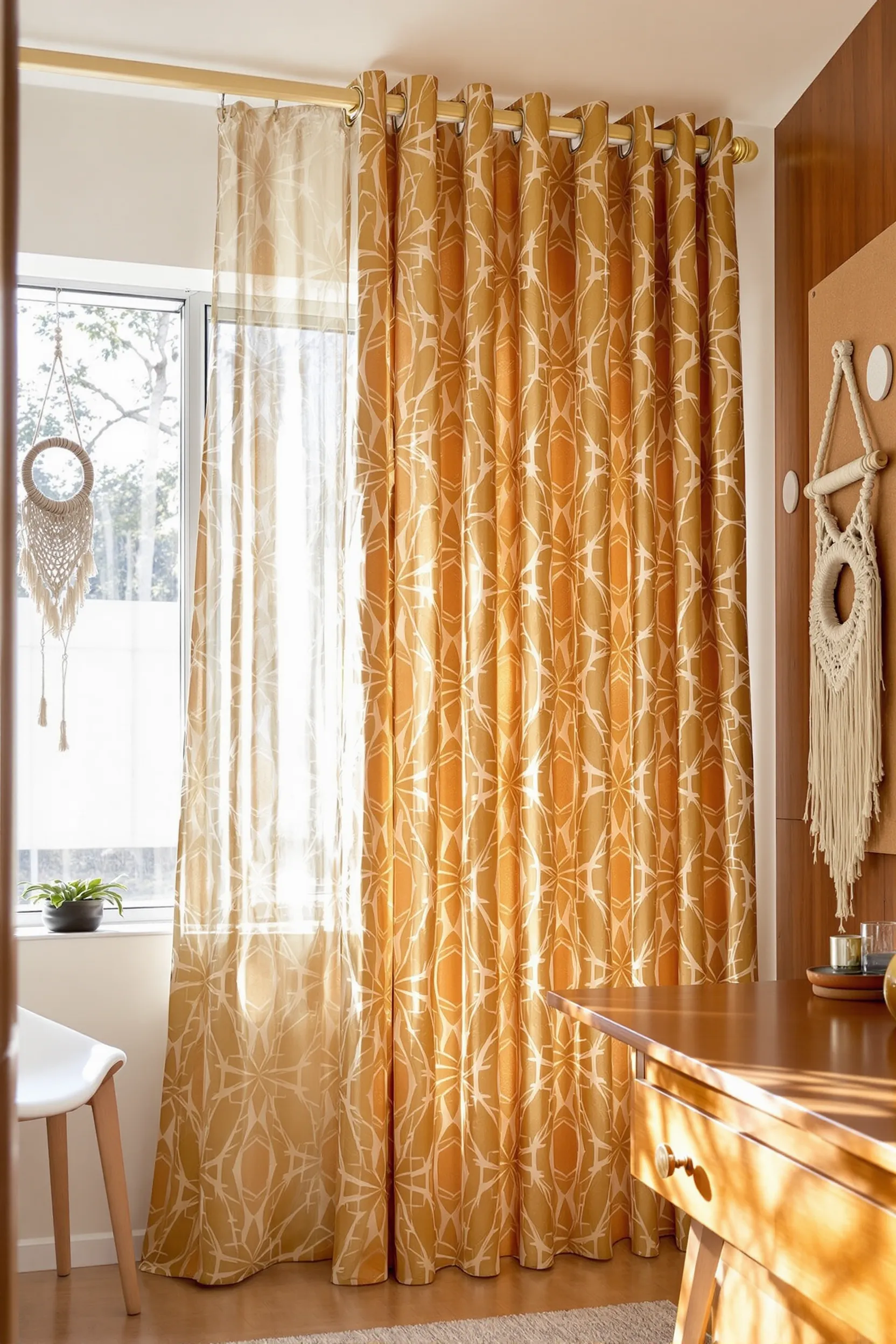 retro home office featuring geometric curtains wooden beaded pulls teak desk and ambient filtered sunlight