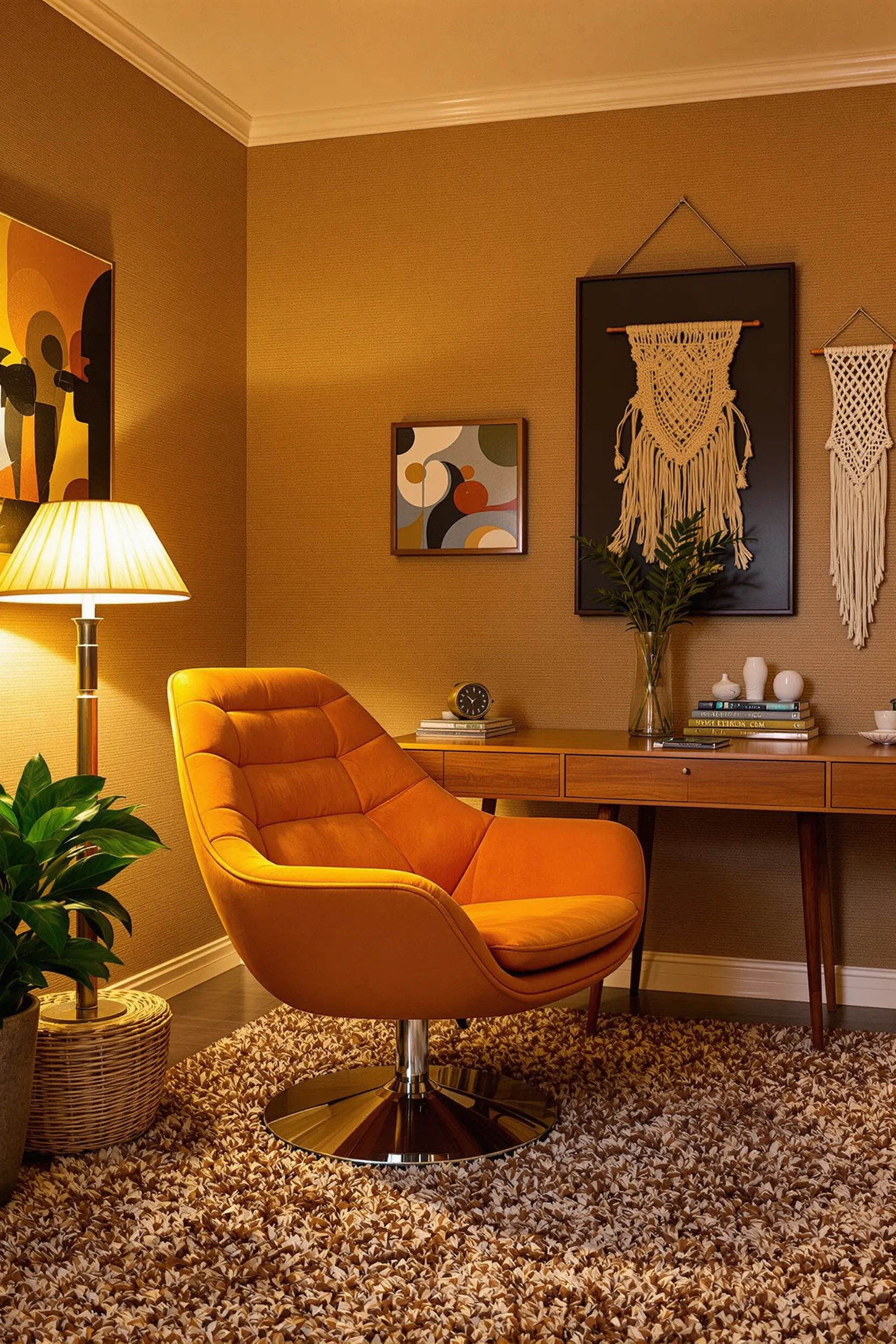 retro home office featuring velvet chair chrome details textured wallpaper and macrame wall art