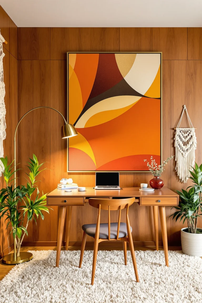 retro home office with abstract wall art wood panels brass lighting and vintage teak furniture