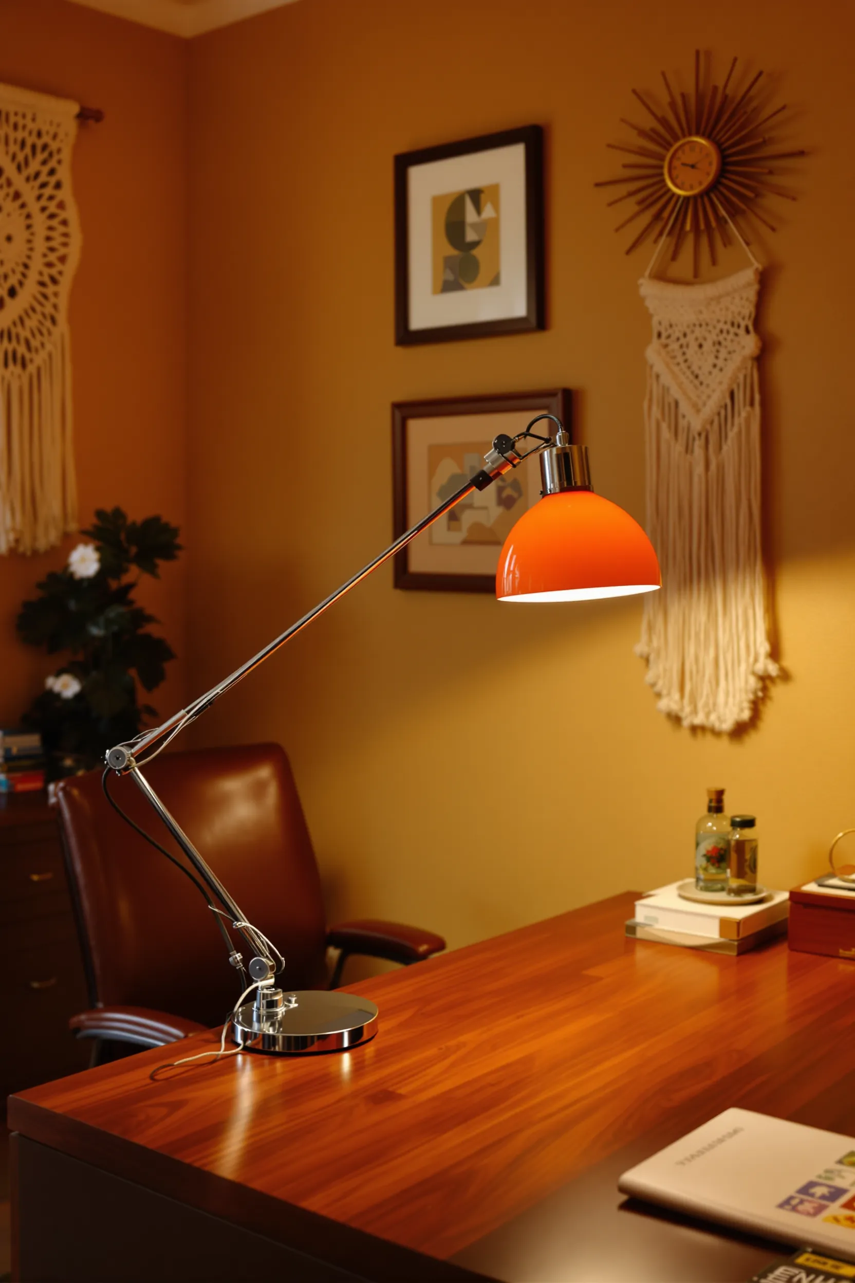 retro home office with chrome task lamp orange dome shade walnut desk leather chair and geometric wall art