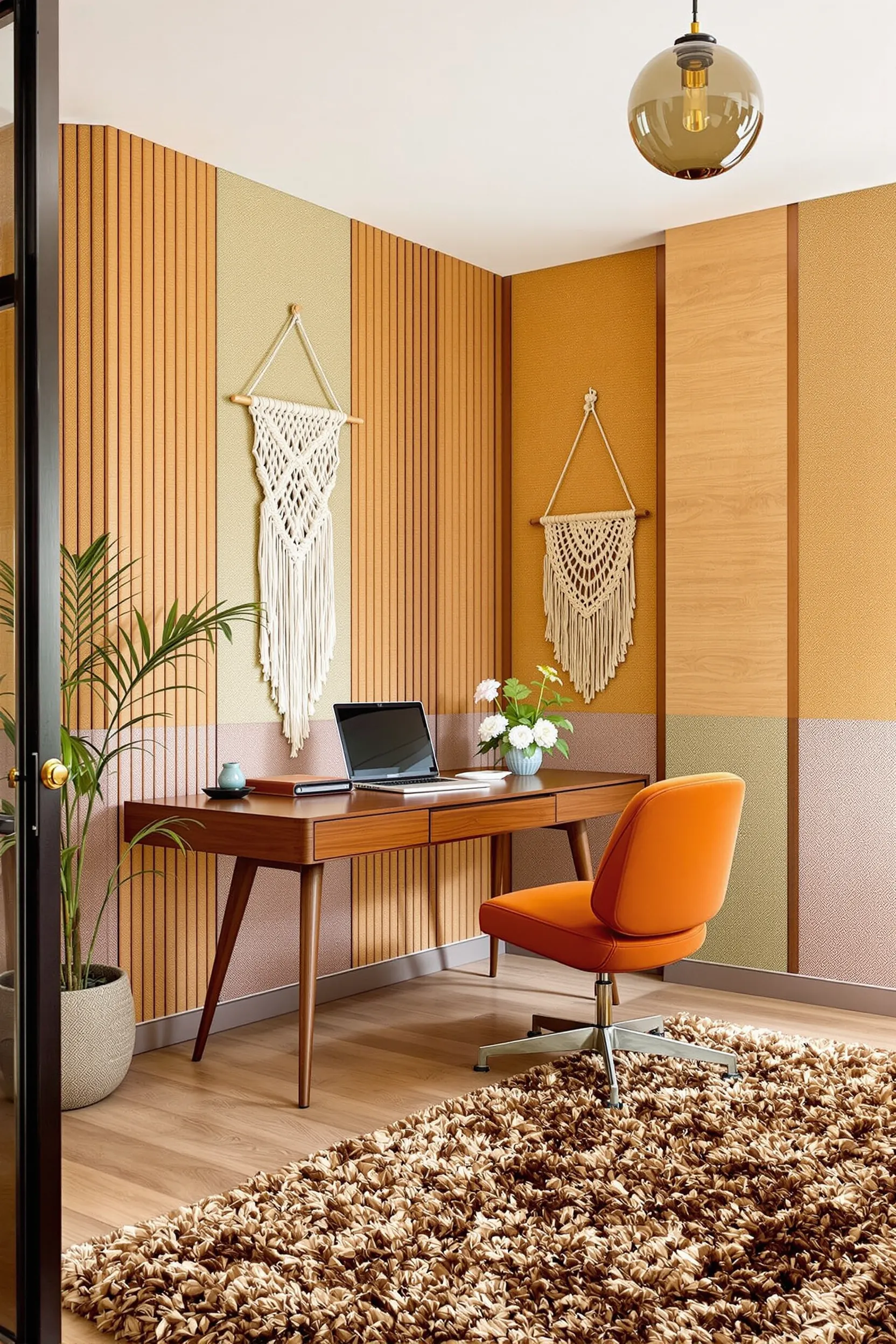 retro home office with wood paneled walls walnut desk orange velvet chair macrame art and brown shag rug