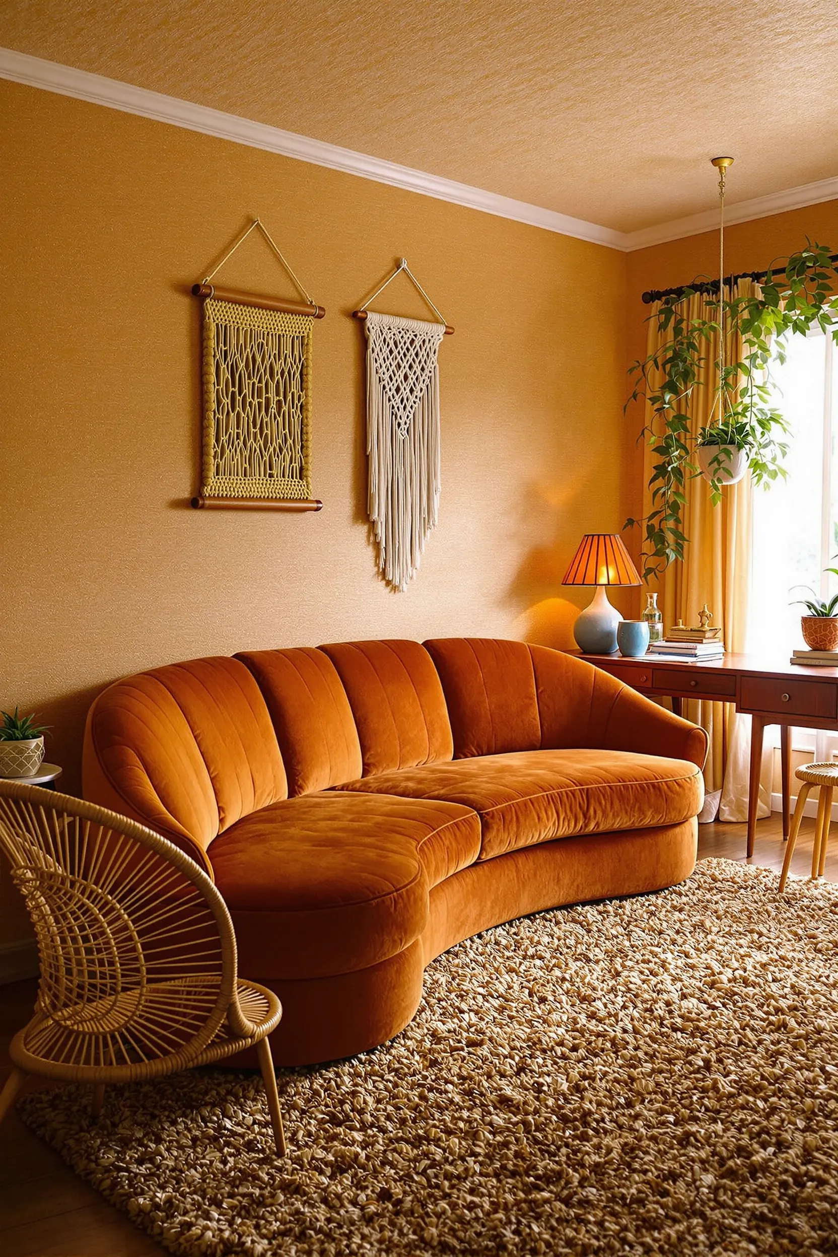 retro office featuring velvet sofa rattan chair mushroom lamp and textured walls with hanging plants