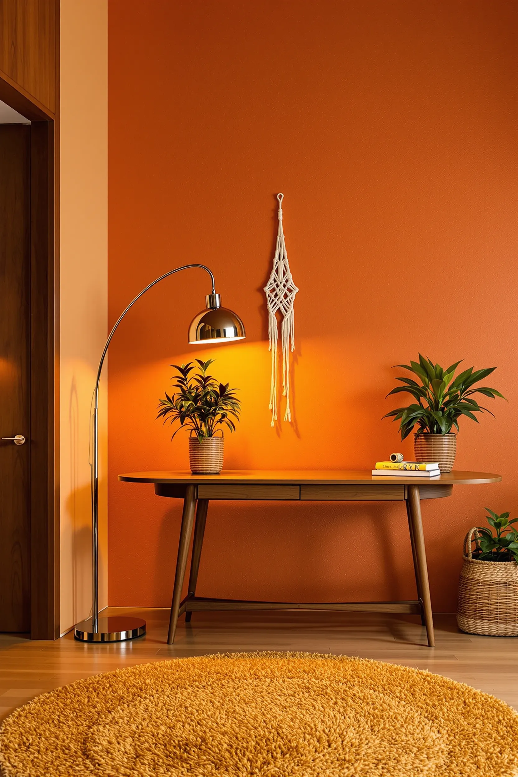 retro office space featuring textured orange walls wooden desk chrome floor lamp and decorative wall hangings