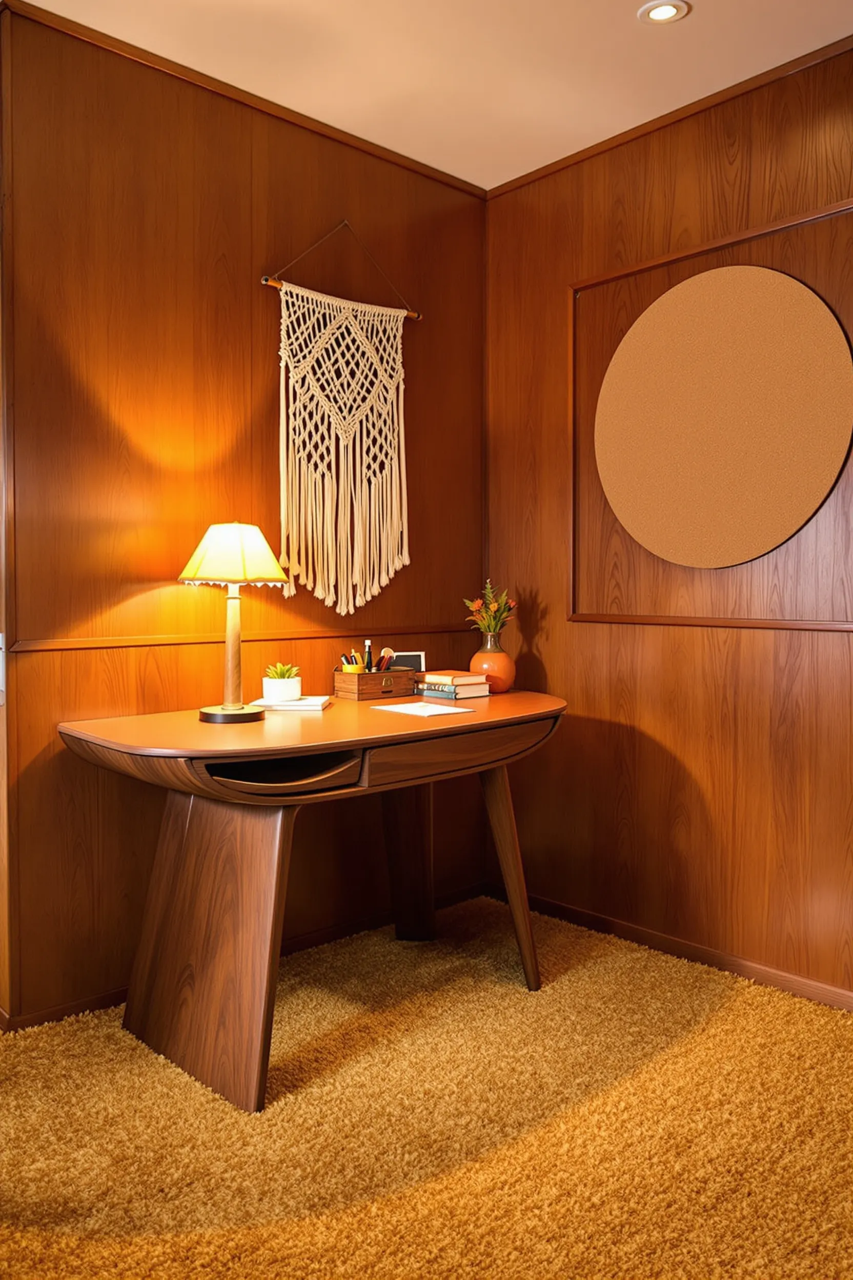 retro office space with curved desk wood paneling cork board and vintage lighting elements