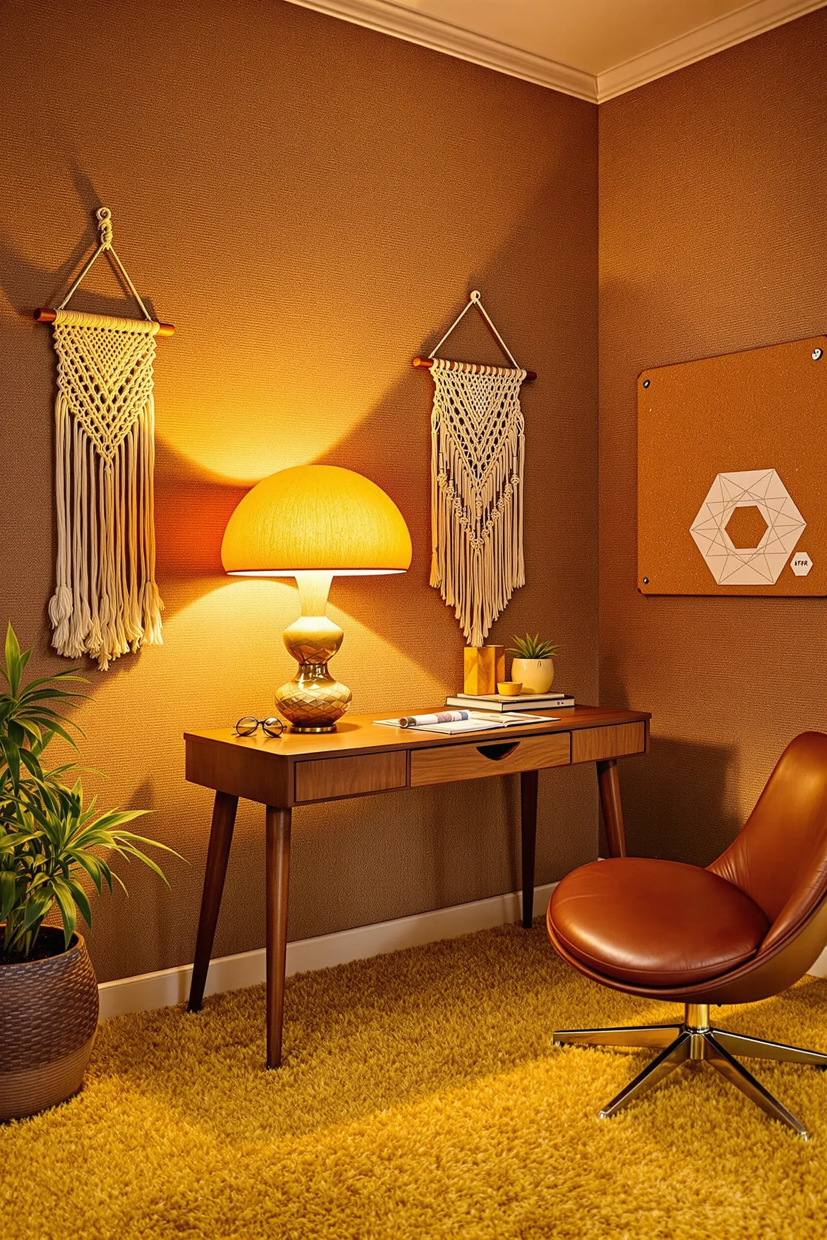 retro office space with orange mushroom lamp brown textured walls wood desk and geometric cork board