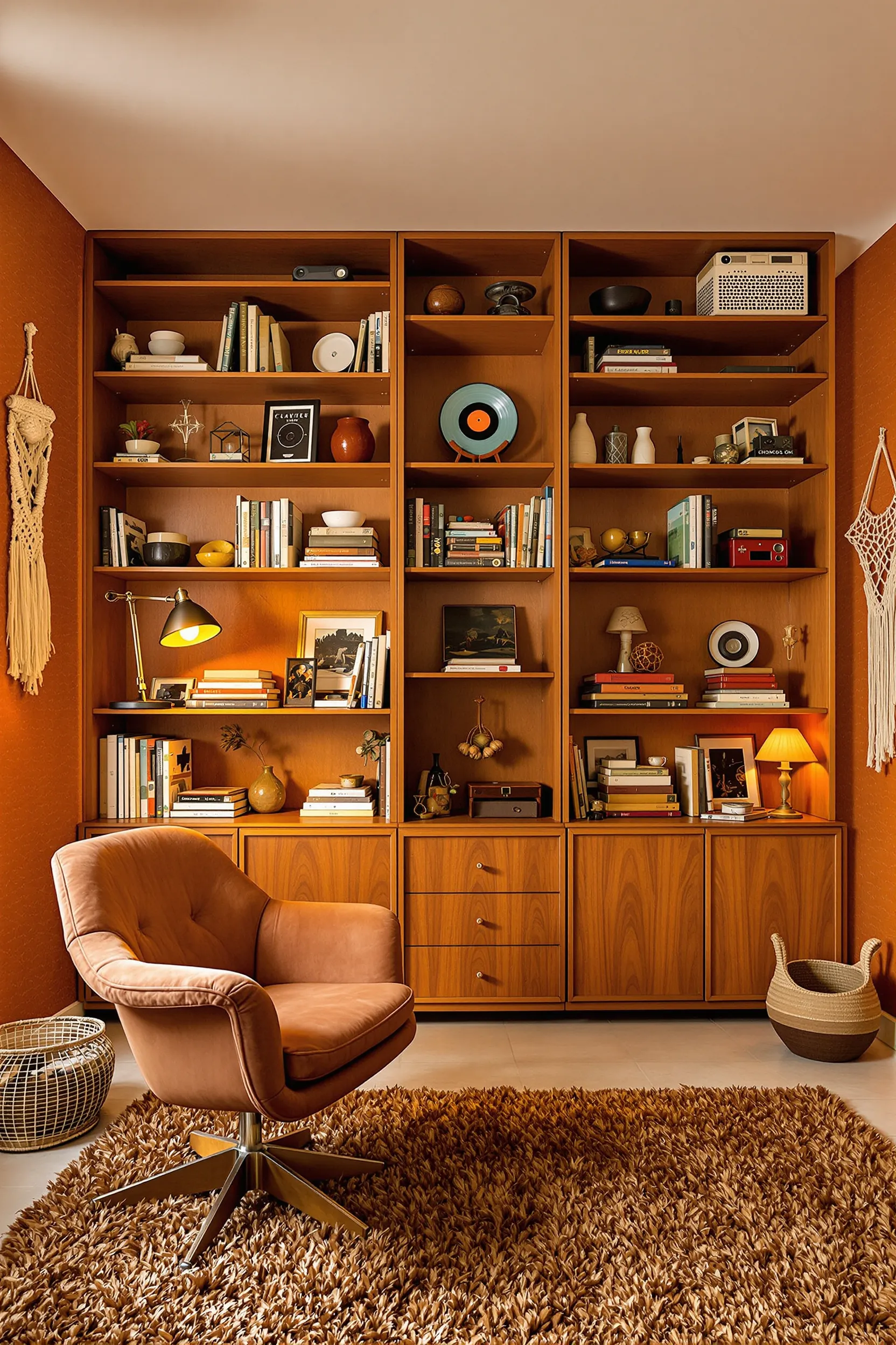 retro style office space with full height wooden shelving vintage objects table lamp and textured orange walls