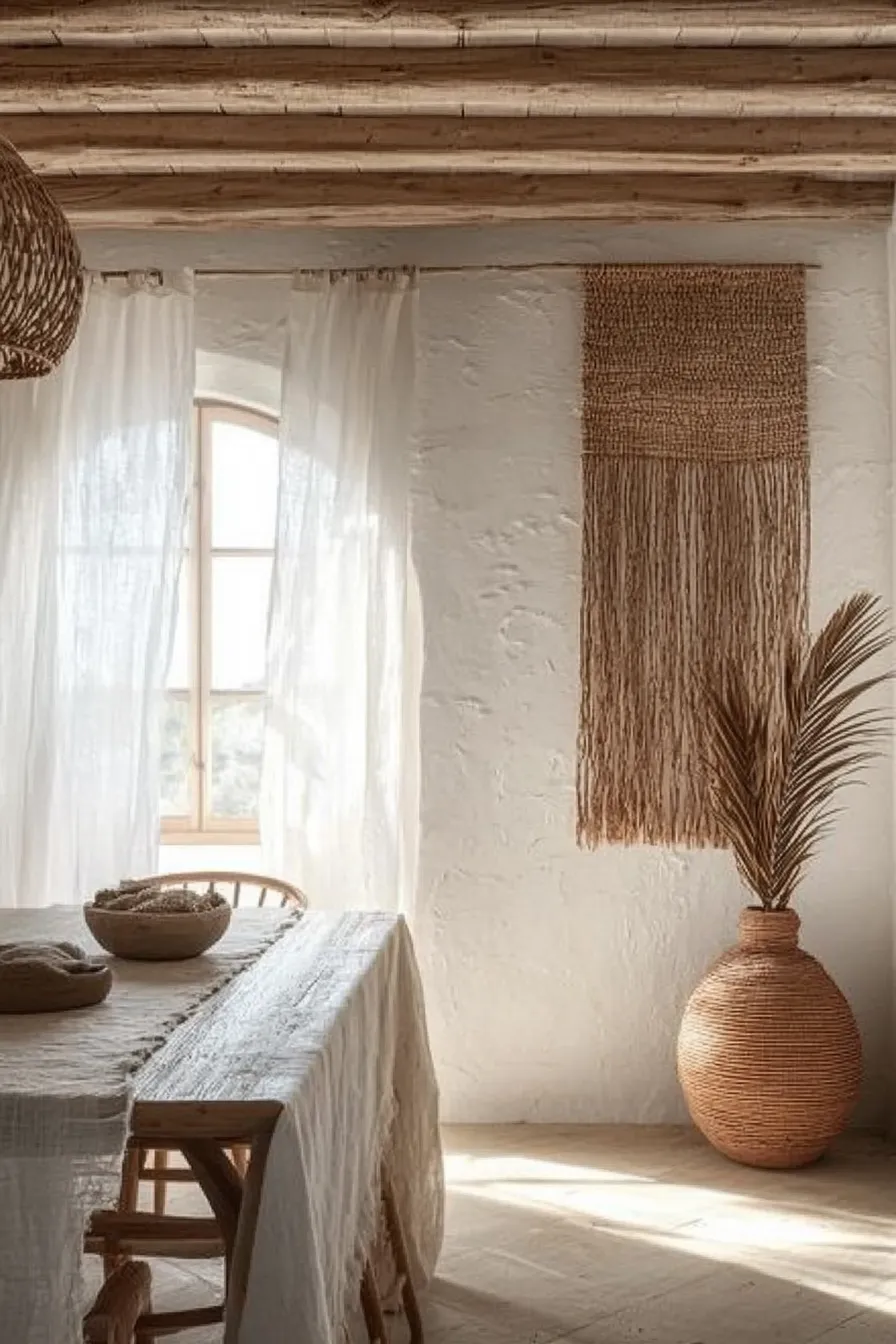 rustic spanish dining room featuring lime plastered walls wooden ceiling beams woven light fixture and terra cotta accents