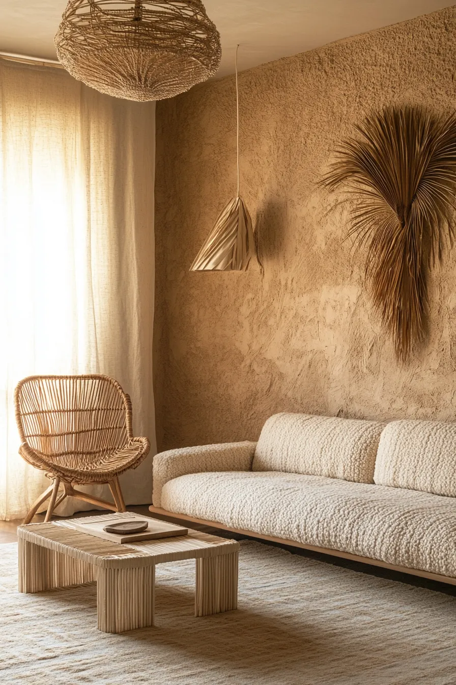 sandtoned organic modern living room with textural walls handwoven tapestry and neutral furniture pieces