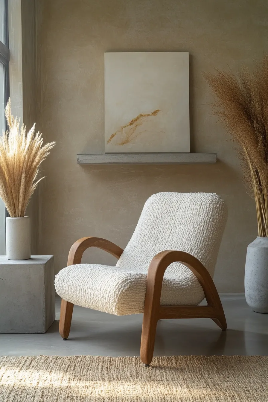 sculptural accent chair with curved wood frame and ivory boucl upholstery near window styled with jute rug and concrete table