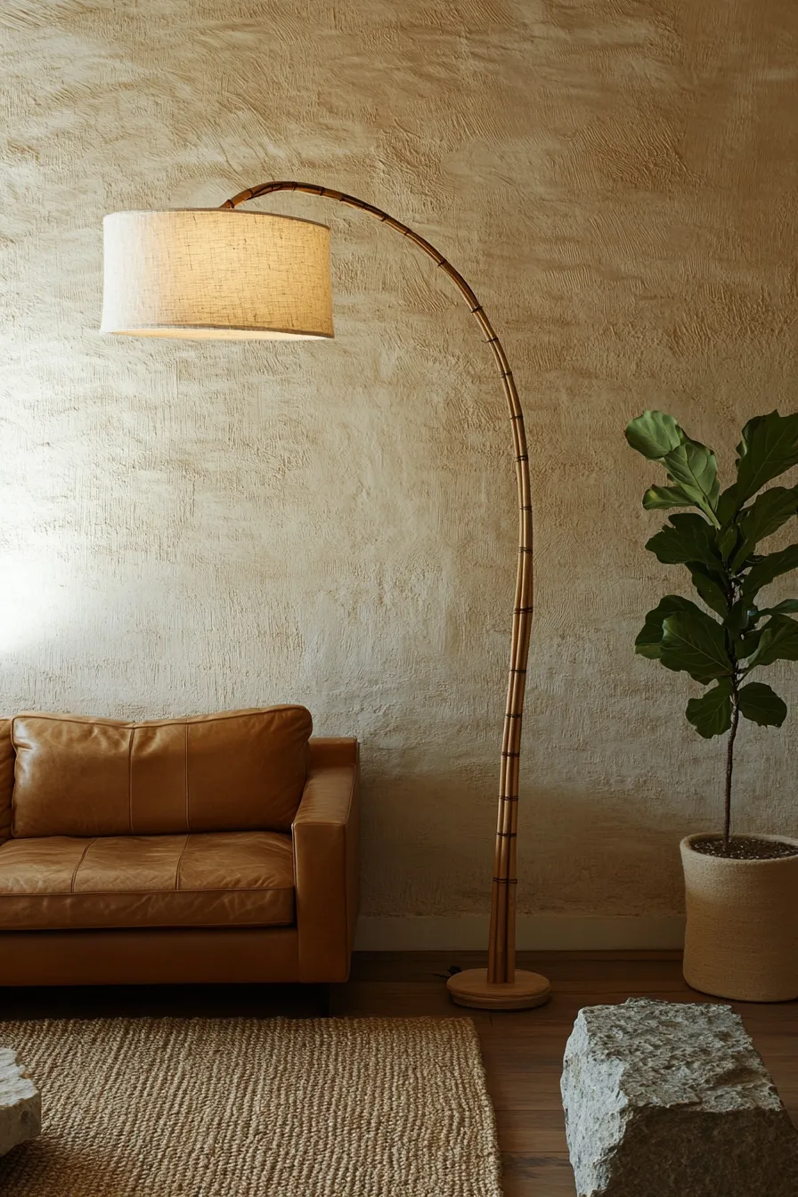 sculptural bamboo floor lamp with linen shade beside leather sofa illuminating clay walls and jute rug