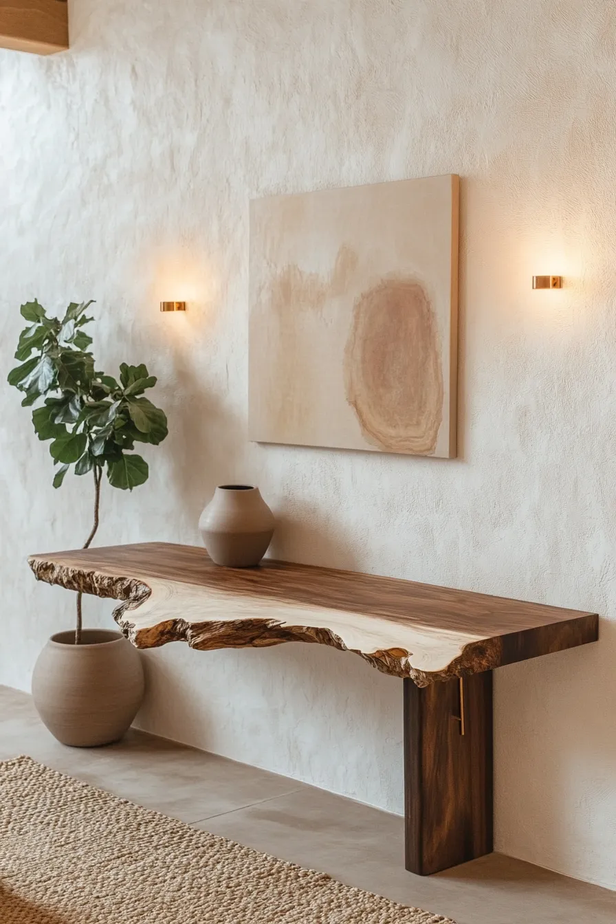 sculptural wooden console table with live edge against white wall featuring bronze hardware jute rug and earth tone art