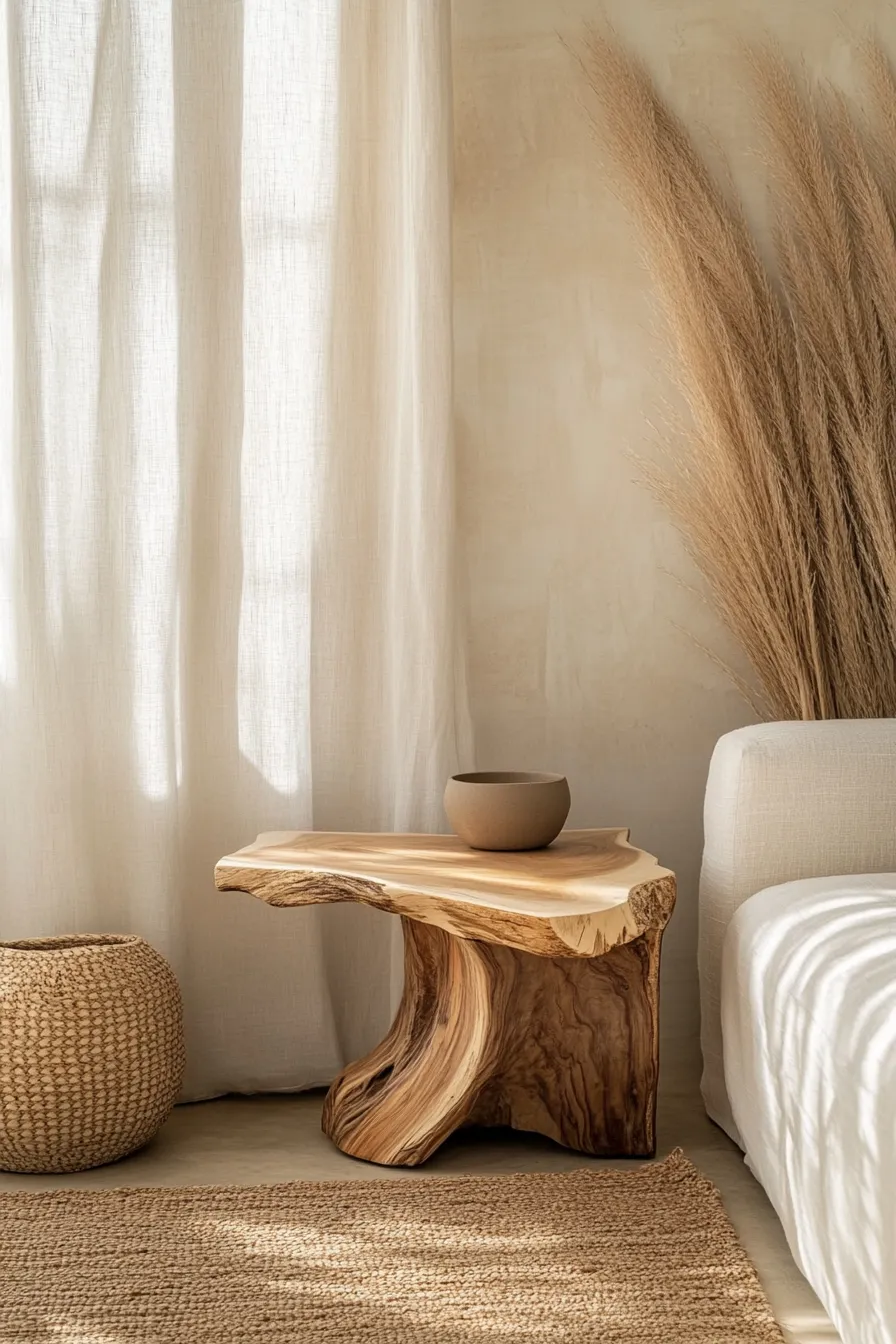 sculptural wooden side table with live edge near ivory wall brass accents linen drapes and natural decor elements