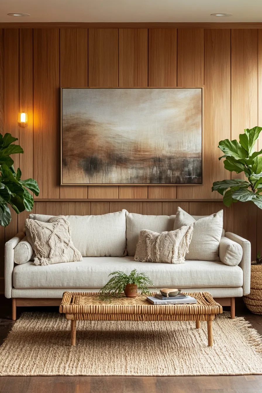 serene living room with organic decor featuring abstract art natural textiles and warm wood elements