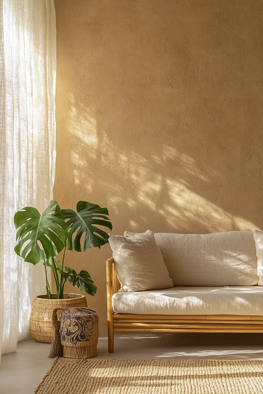 serene living room with textured walls natural fiber rug bamboo furniture and botanical accents in soft daylight