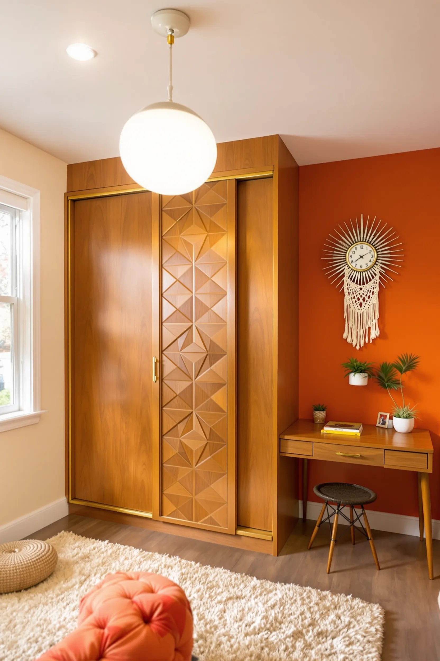 seventies style office featuring orange wall teak storage macrame art and cream shag carpet