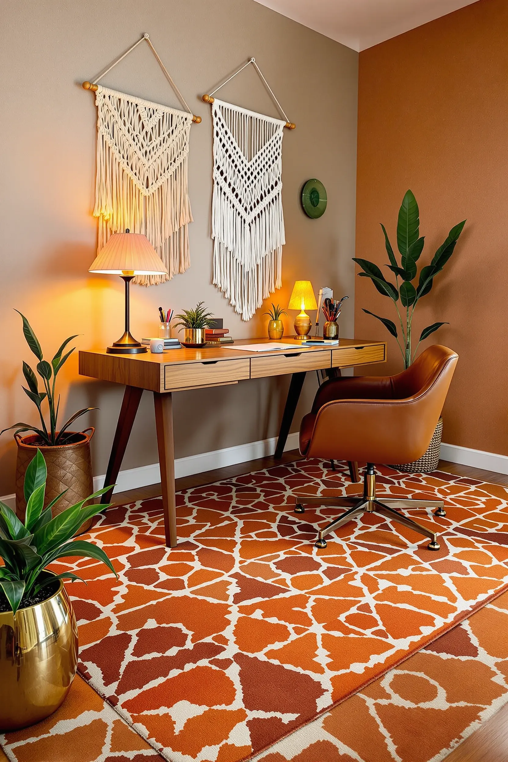 seventies style office space with geometric rug wood desk ambient lighting and macrame wall art