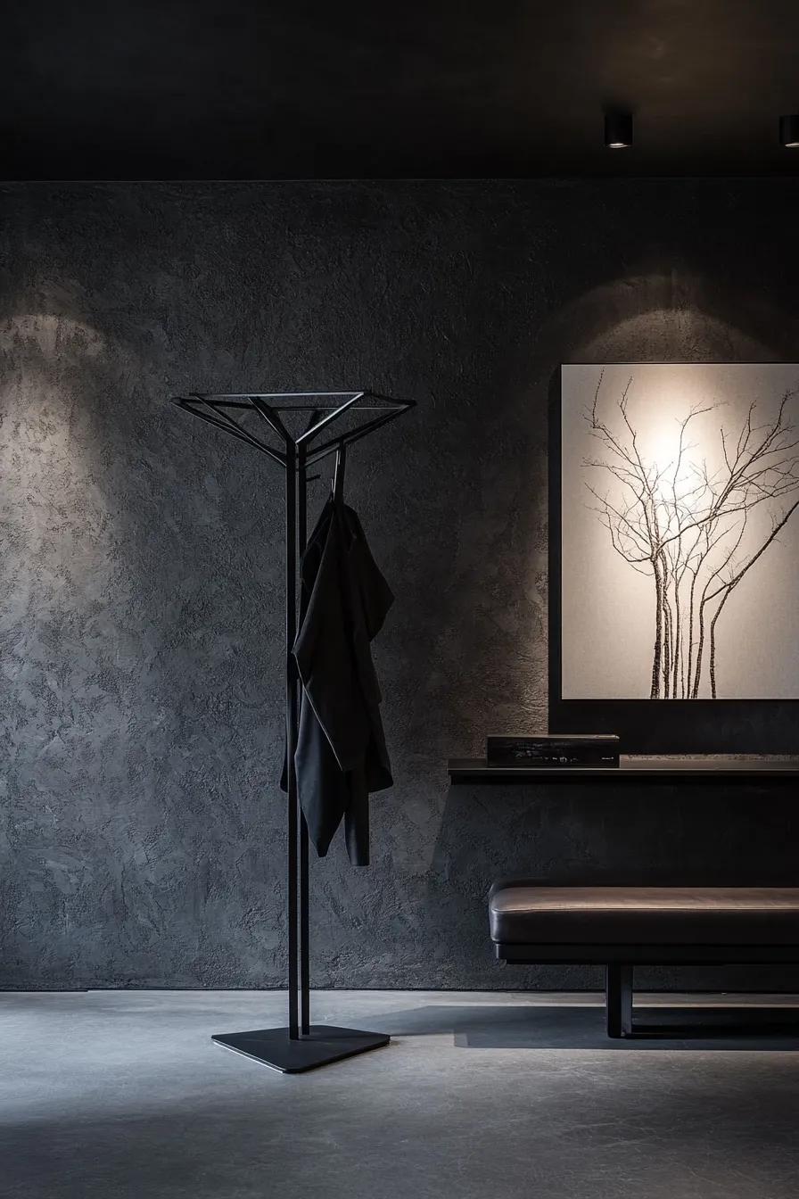 sleek dark entryway with black metal coat rack matte console table and monochrome artwork on charcoal walls