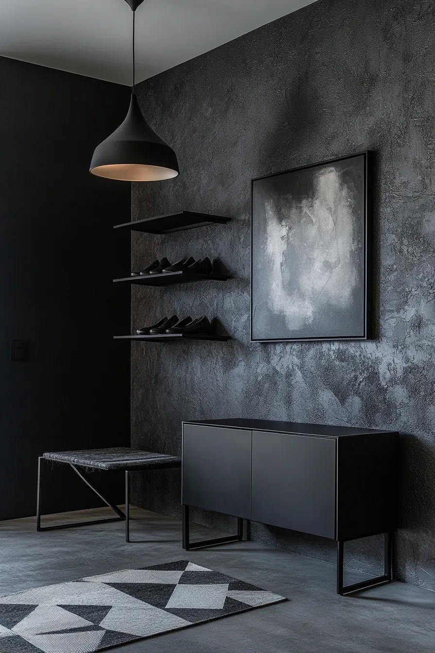 sleek dark entryway with metal storage cabinet angular accents and grayscale artwork against charcoal walls