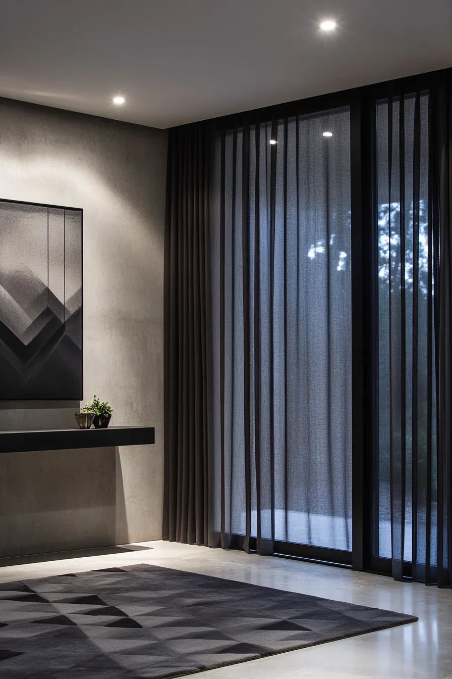 sleek dark entryway with metalframed windows concrete walls floating console and graphite area rug