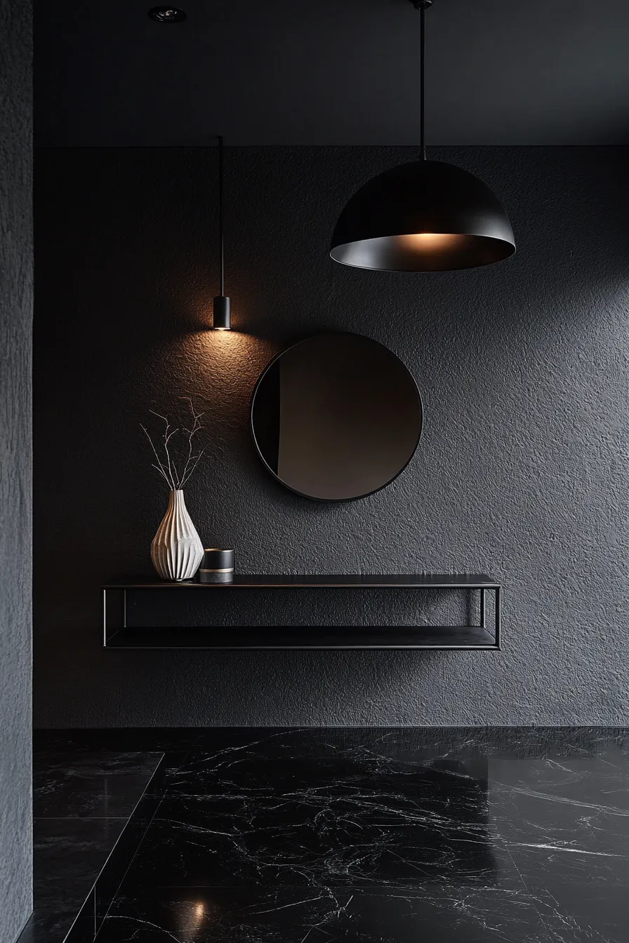 sophisticated dark entryway with matte black fixtures marble floors and architectural details in moody lighting