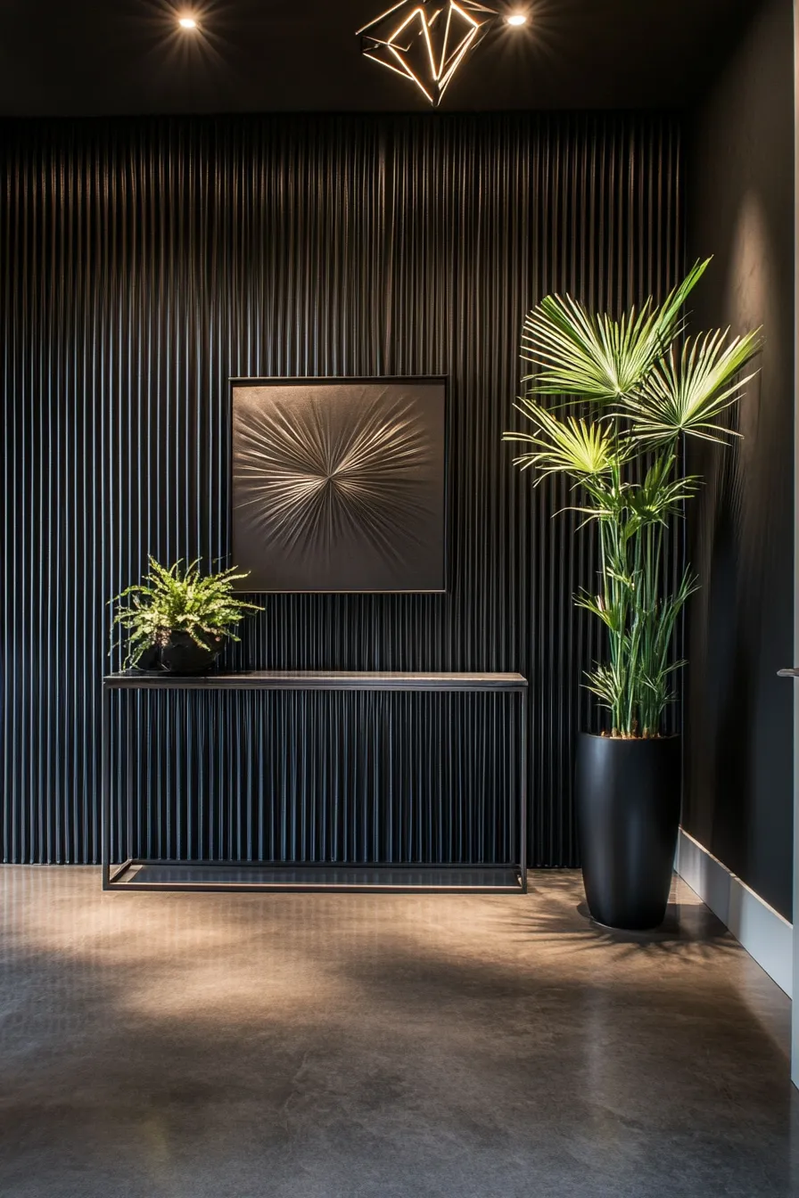 sophisticated dark entryway with vertical ridged walls led lighting modern console table and pendant light