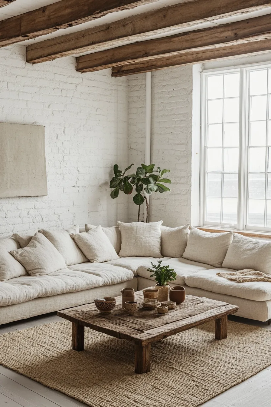 spacious modern organic living room featuring corner sofa jute rug and handcrafted wood coffee table