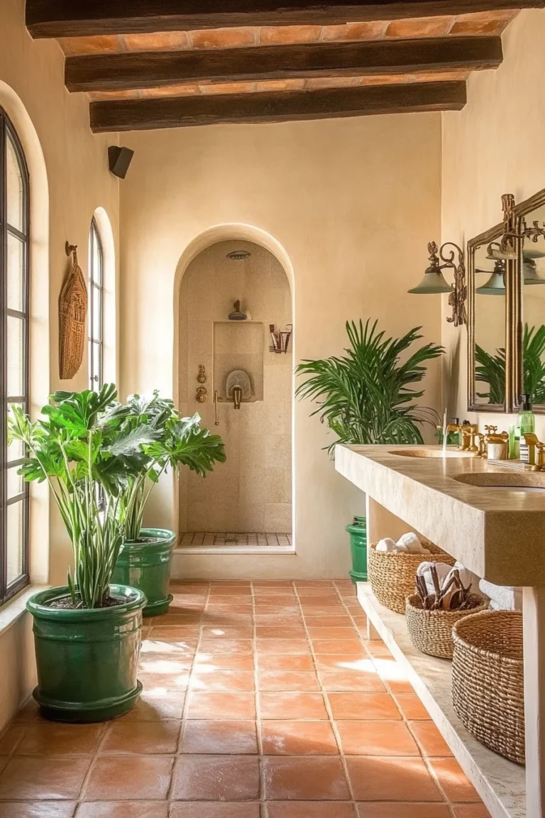 spanish bathroom interior with emerald accents terra cotta flooring stone counters and woven baskets in natural light