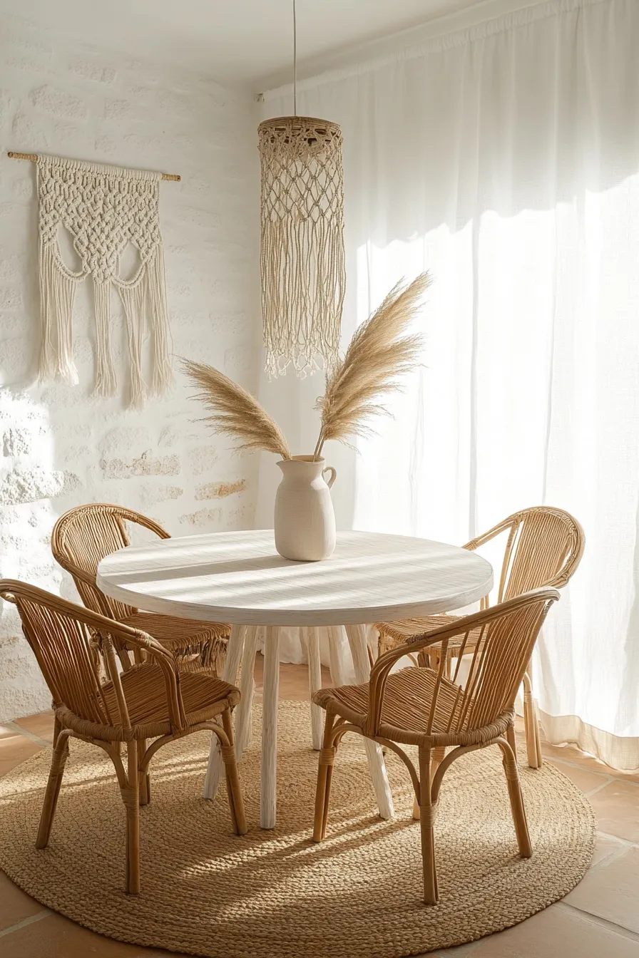 spanish colonial dining room with round table terracotta flooring rattan seating and woven textural elements