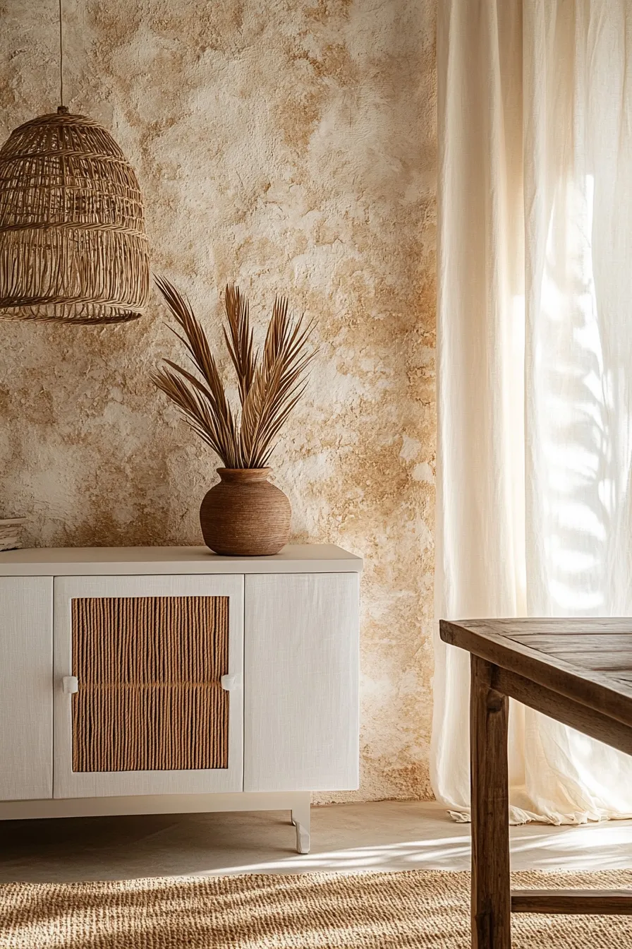 spanish colonial dining room with white cabinet textured walls pendant lighting and dried palm decoration