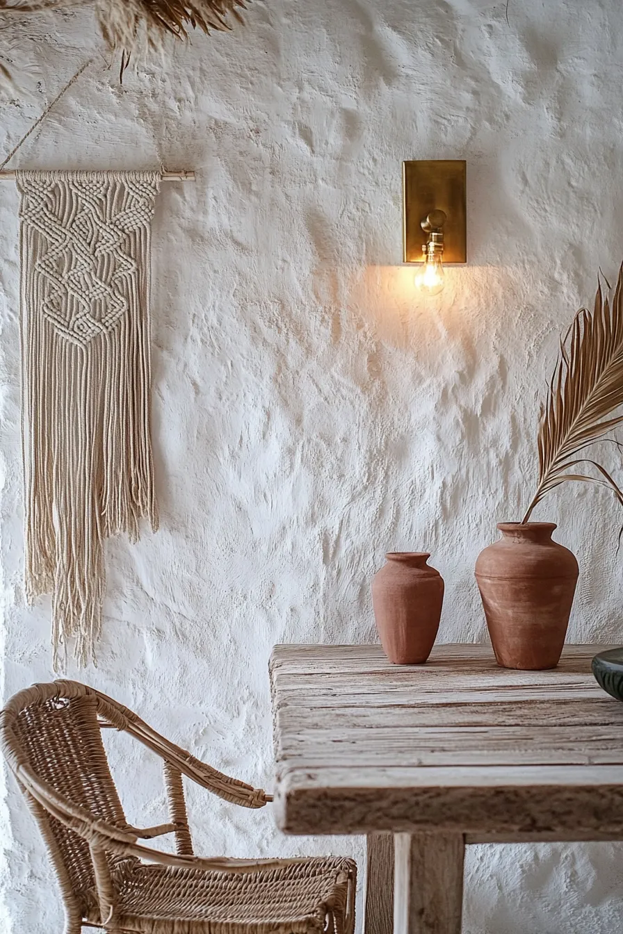 spanish dining room with brass wall sconces illuminating textured walls wooden table and woven chairs