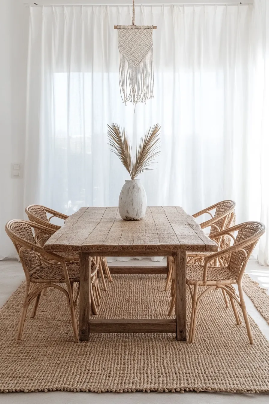 spanish dining room with jute rug under rustic wooden table rattan chairs whitewashed walls and macrame pendant light