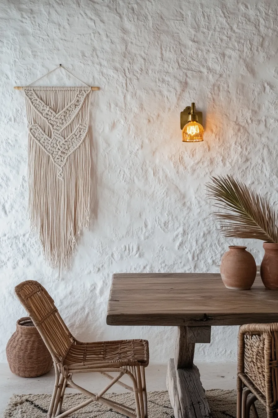 spanish dining room with textured walls brass lighting fixtures rustic table and woven details