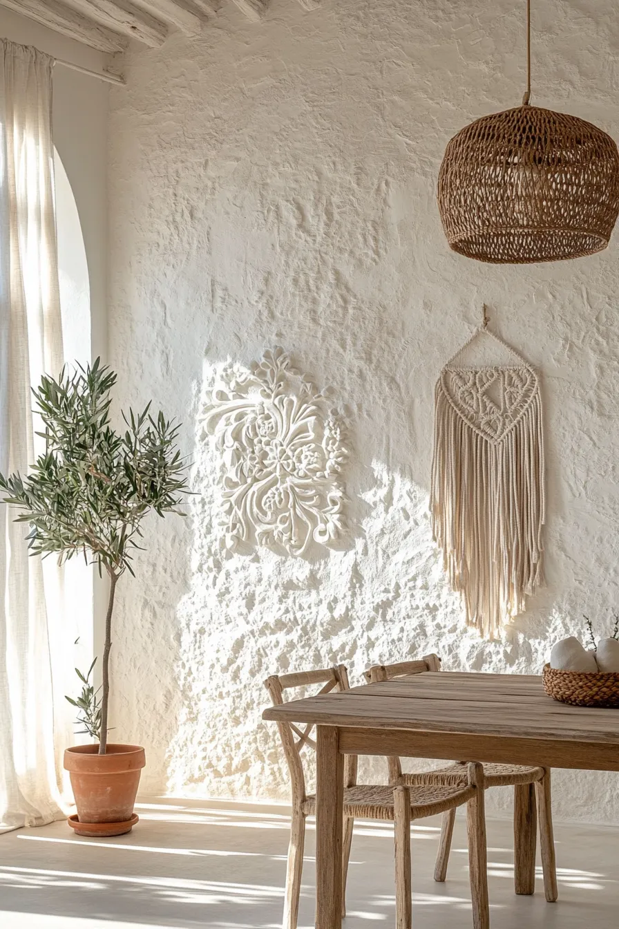 spanish dining room with textured white plaster walls stone accent wall arched window wooden table rattan pendant light and olive tree