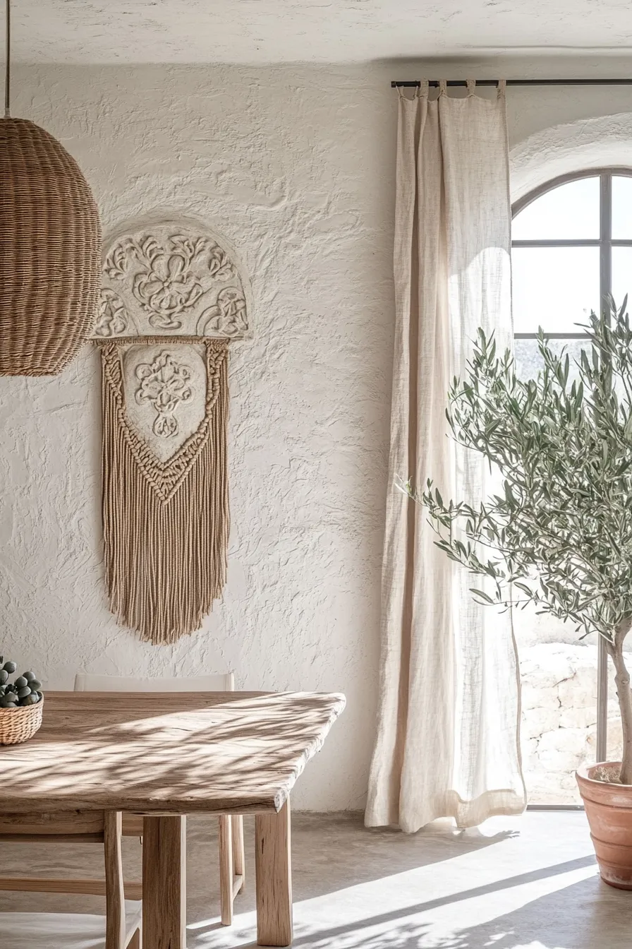 spanish dining space featuring textured walls carved stone details rustic table pendant lighting and mediterranean decor