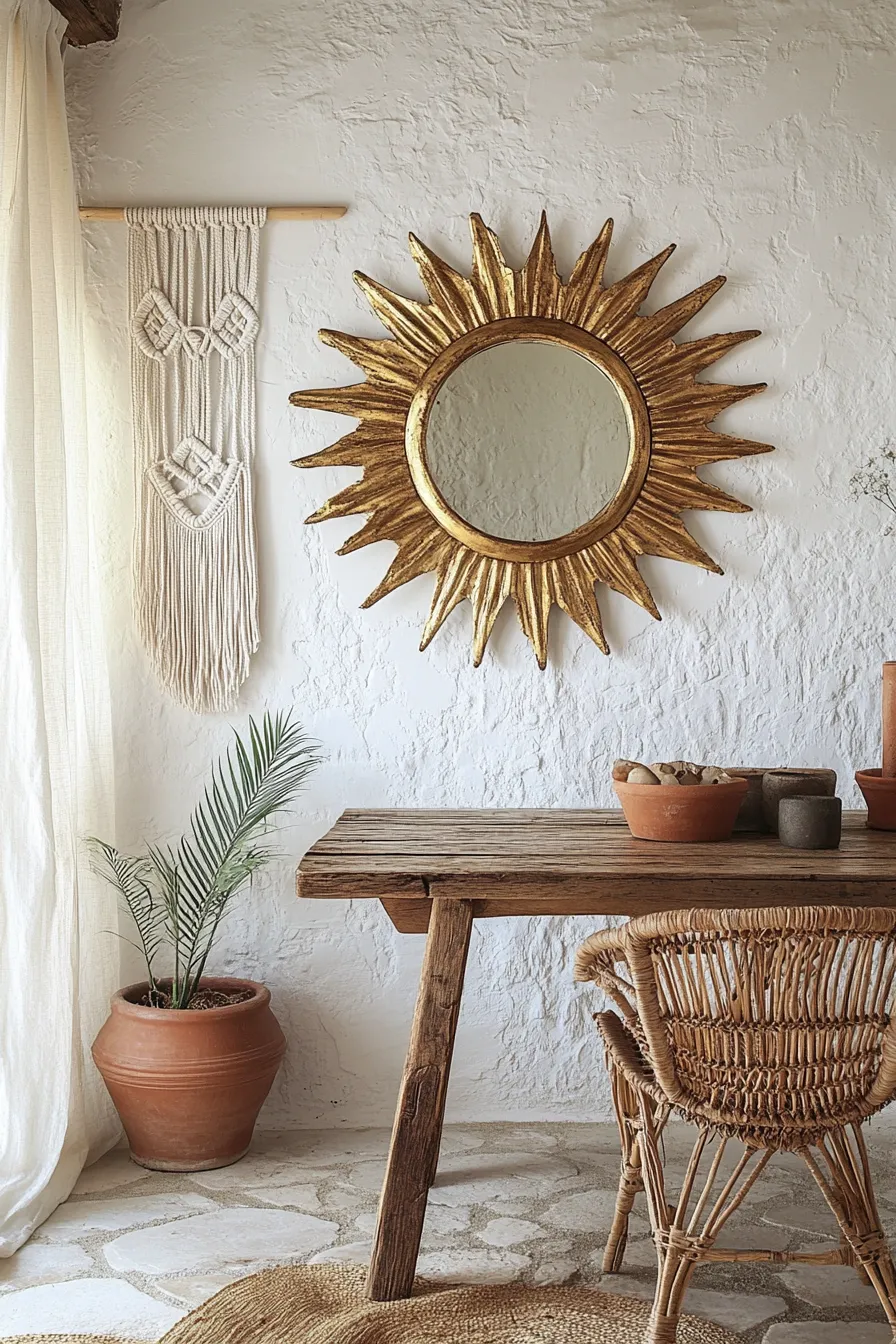 spanish style dining room with gold sunburst mirror rattan chairs macrame art and mediterranean inspired decor