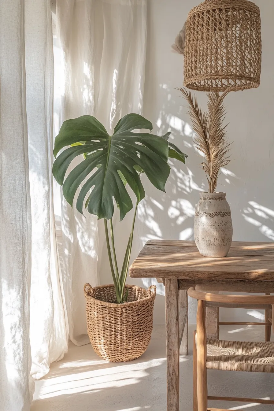 spanishstyle dining room with monstera plant terracotta walls woven pendant lamp and natural rattan furniture