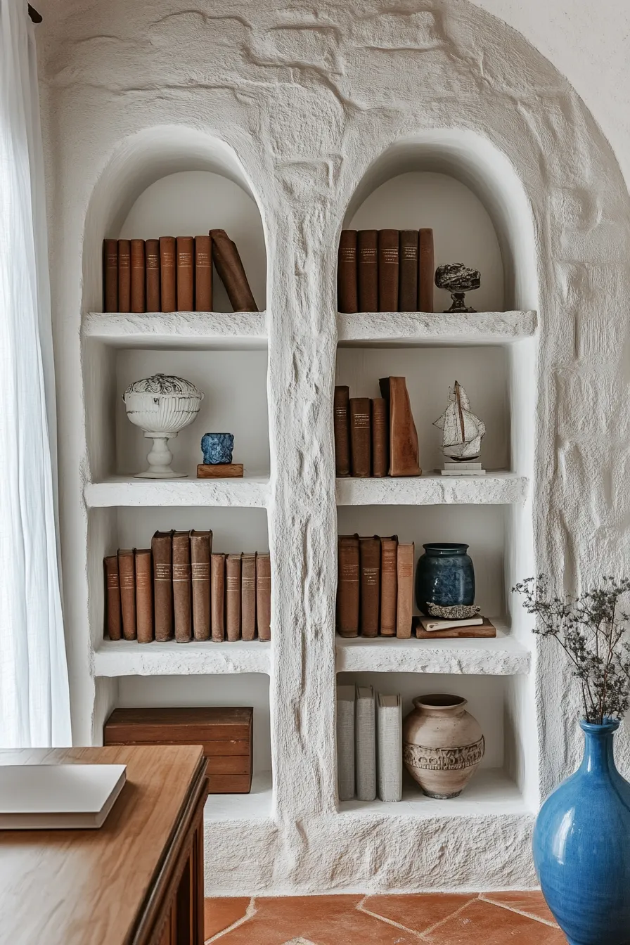 stone bookshelf with arched storage alcoves white finish organized display of books and coastal artifacts