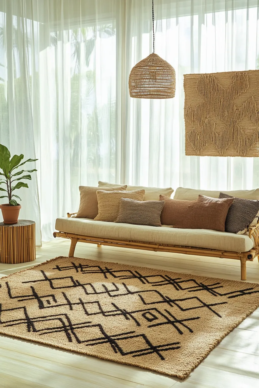 stylish living room with geometric jute rug modern furniture pendant light and organic decor elements