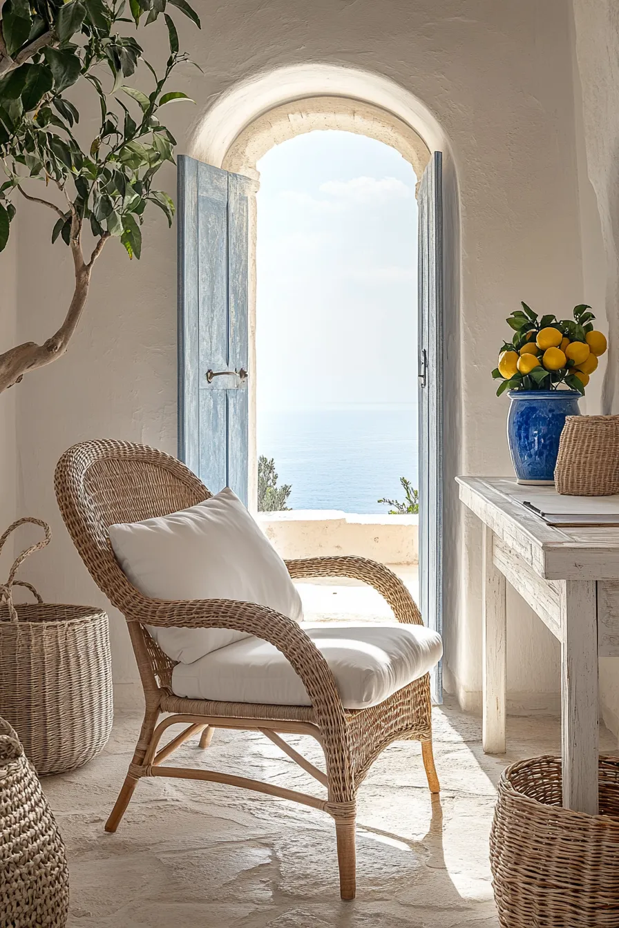 sunfilled coastal office with rattan chair blue ceramics and lemon tree beside arched window with sea view