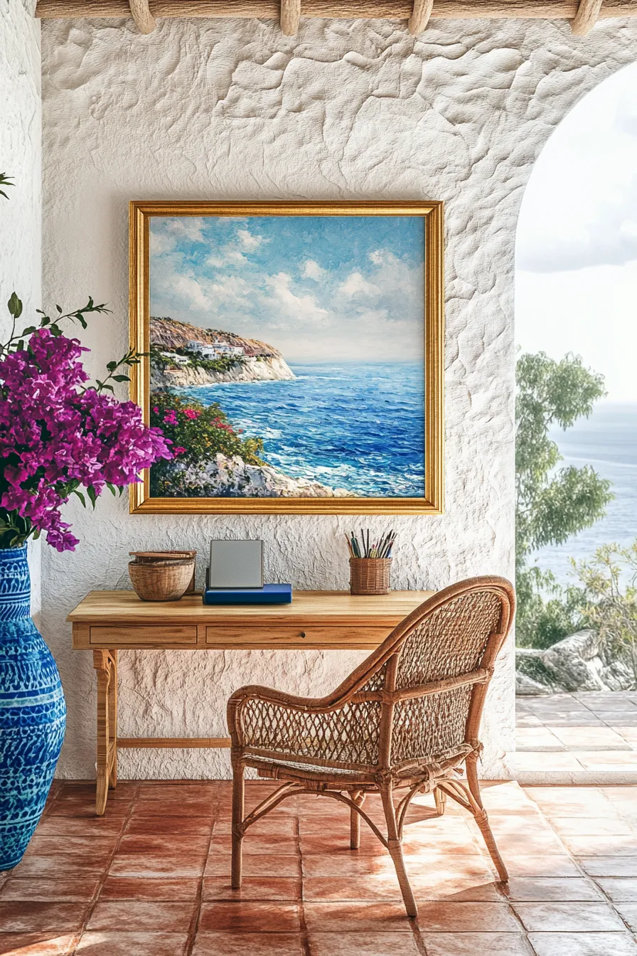 sunfilled home office with mediterranean artwork white textured walls wood desk and terracotta floor tiles