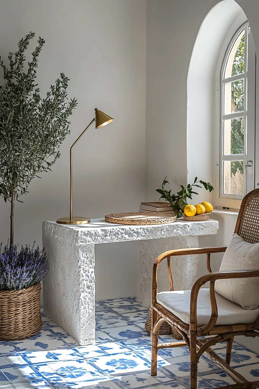 sunfilled mediterranean office with adjustable brass lamp tile flooring and natural linen accents