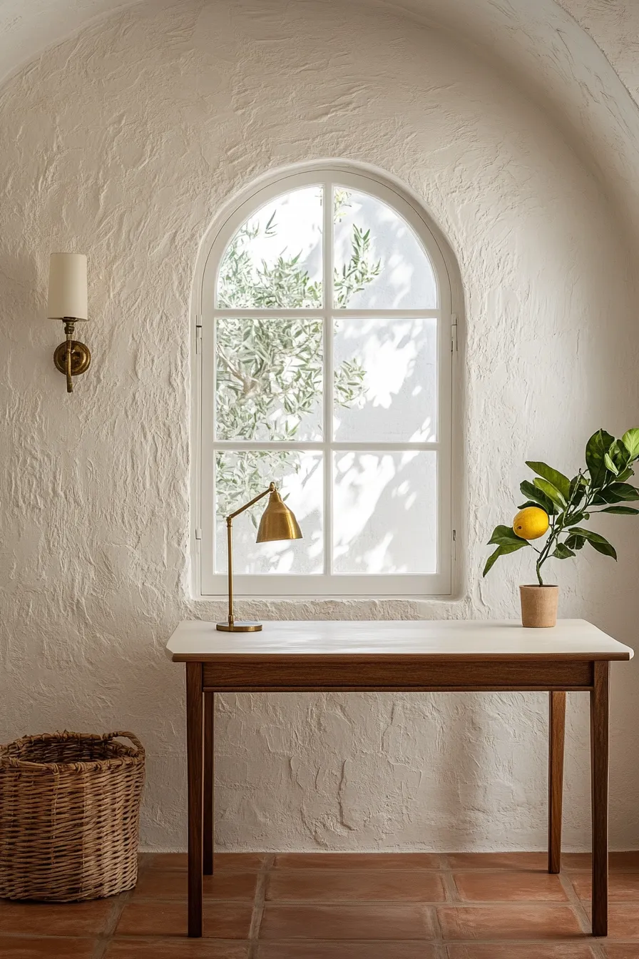 sunlit coastal home office with whitewashed limestone walls olive wood desk arched window and terracotta flooring featuring mediterranean details