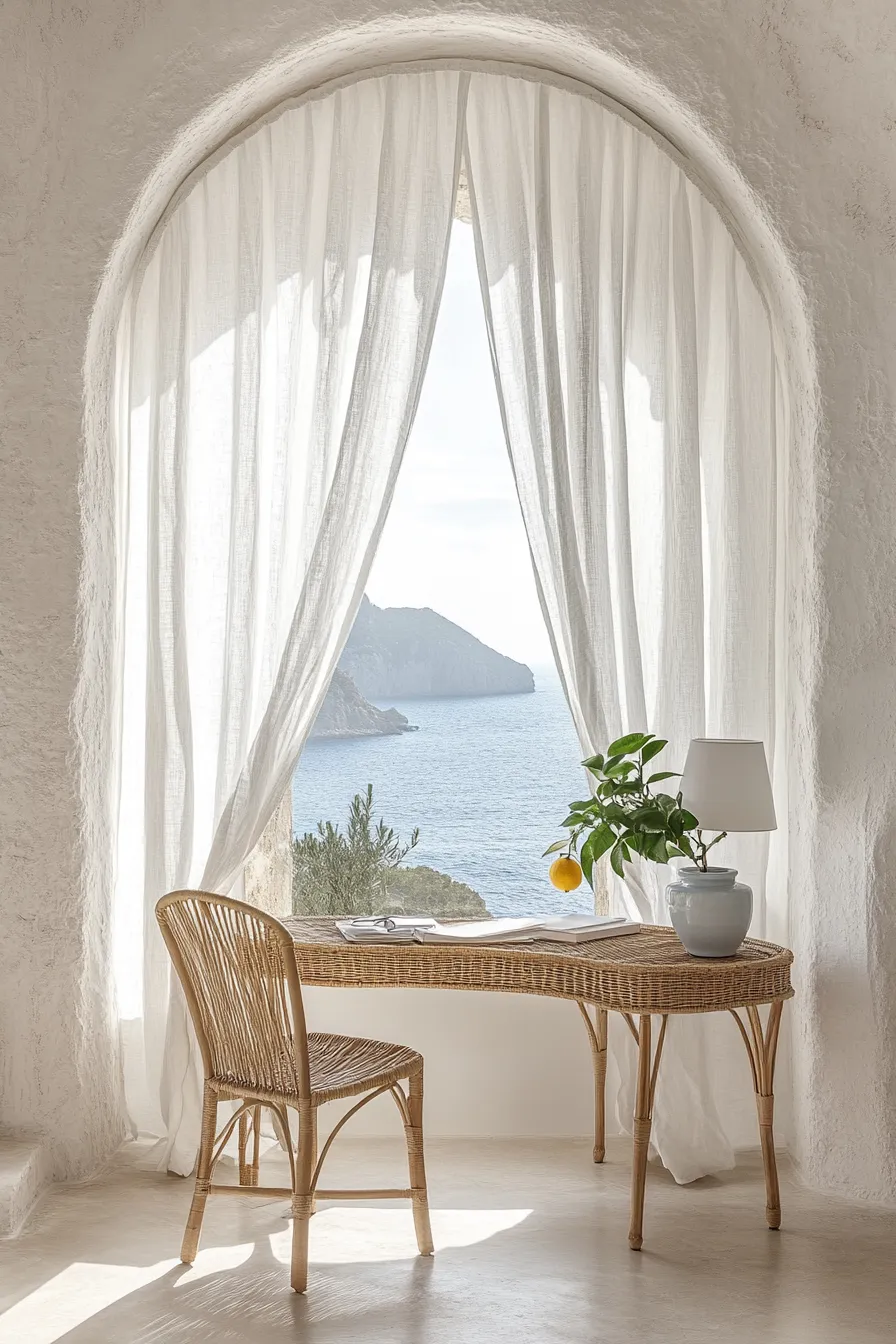 sunlit coastal office featuring arched window white curtains curved rattan desk and seagrass chair