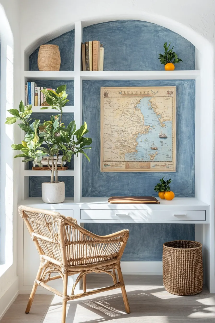 sunlit home office with white builtins arched window nautical decor and mediterranean blue accent wall